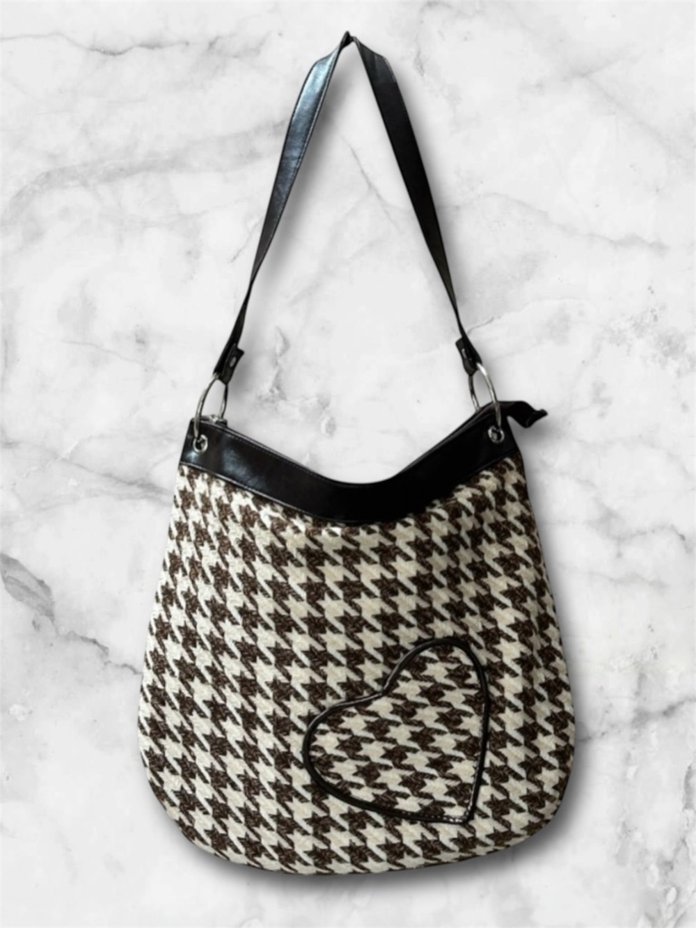 Vintage Houndstooth Fashion Express Brown Cream Satchel Bag Purse Heart Pocket